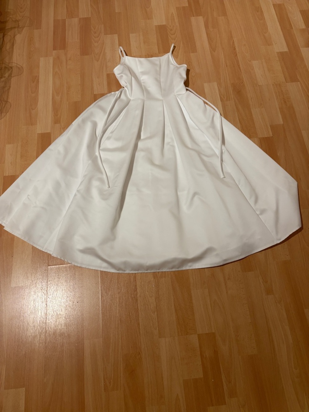 Biscotti White Satin Spaghetti-Strap Fit-and-Flare Dress